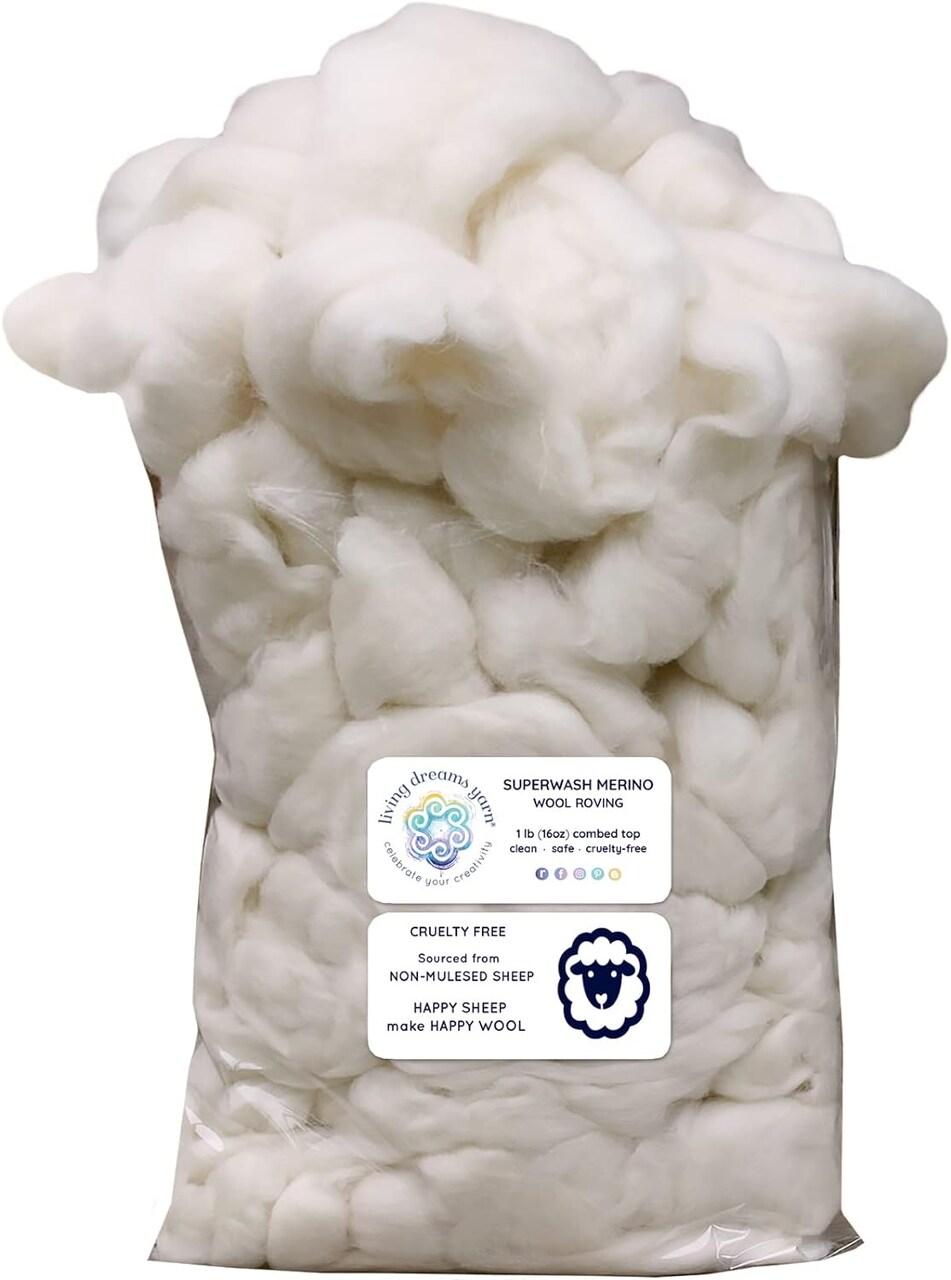 SUPERWASH MERINO Wool Roving. Ethically & Responsibly Sourced Combed Top Fiber for Spinning, Filling and Stuffing - 1 LB Bag, Natural White
